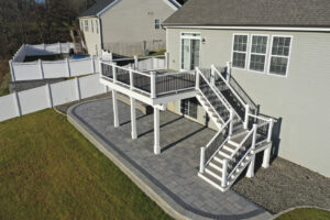 aerial view of 2-story backyard deck in hudson valley new york