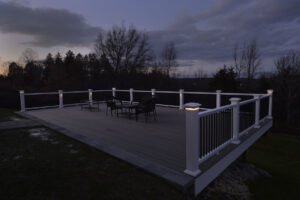 evening view of deck with custom lighting for safety