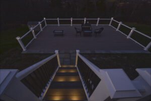 evening view of deck with custom lighting for safety